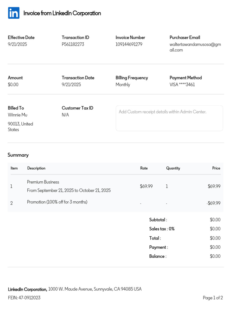 LNKD Invoice 109144691279 | PDF | Invoice | Receipt