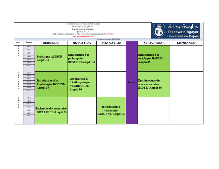 Emploi du temps L1 Sciences Sociales 2025 | PDF | Enseignement des Arts ...
