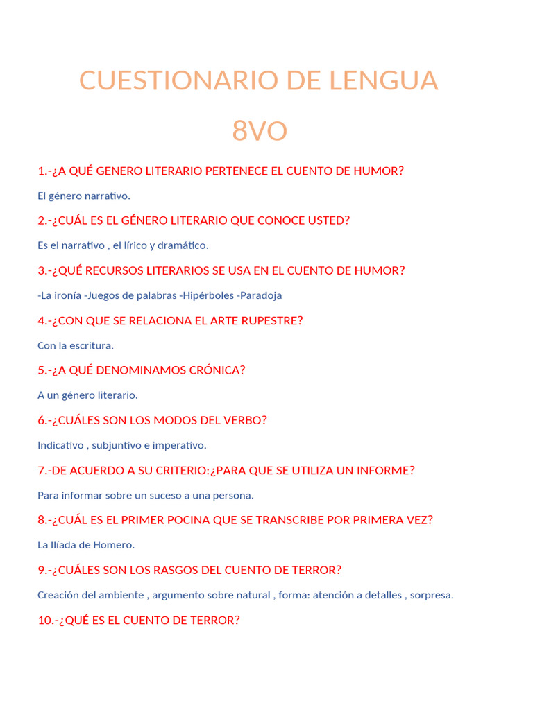 Cuestionario de Lengua para 8vo Grado | PDF | Cuentos | Escritura
