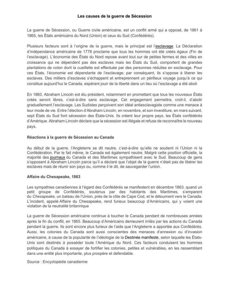 Causes et impacts de la guerre de Sécession | PDF | États confédérés d ...
