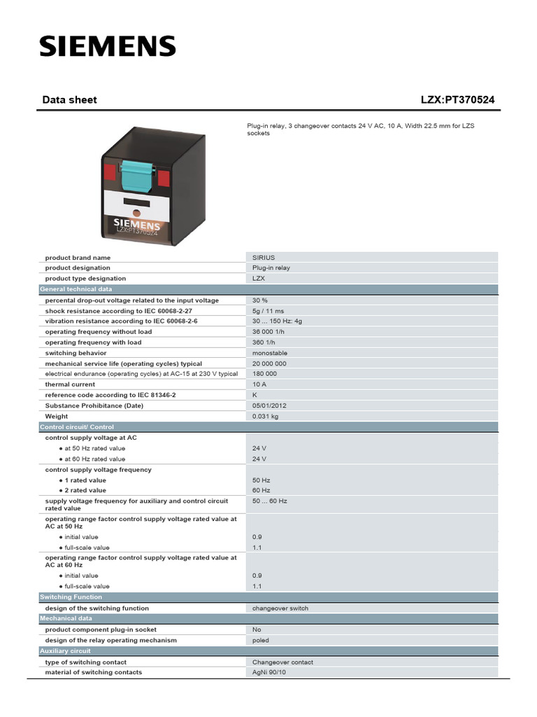 Siemens LZX Plug-in Relay Data Sheet | PDF | Relay | Alternating Current