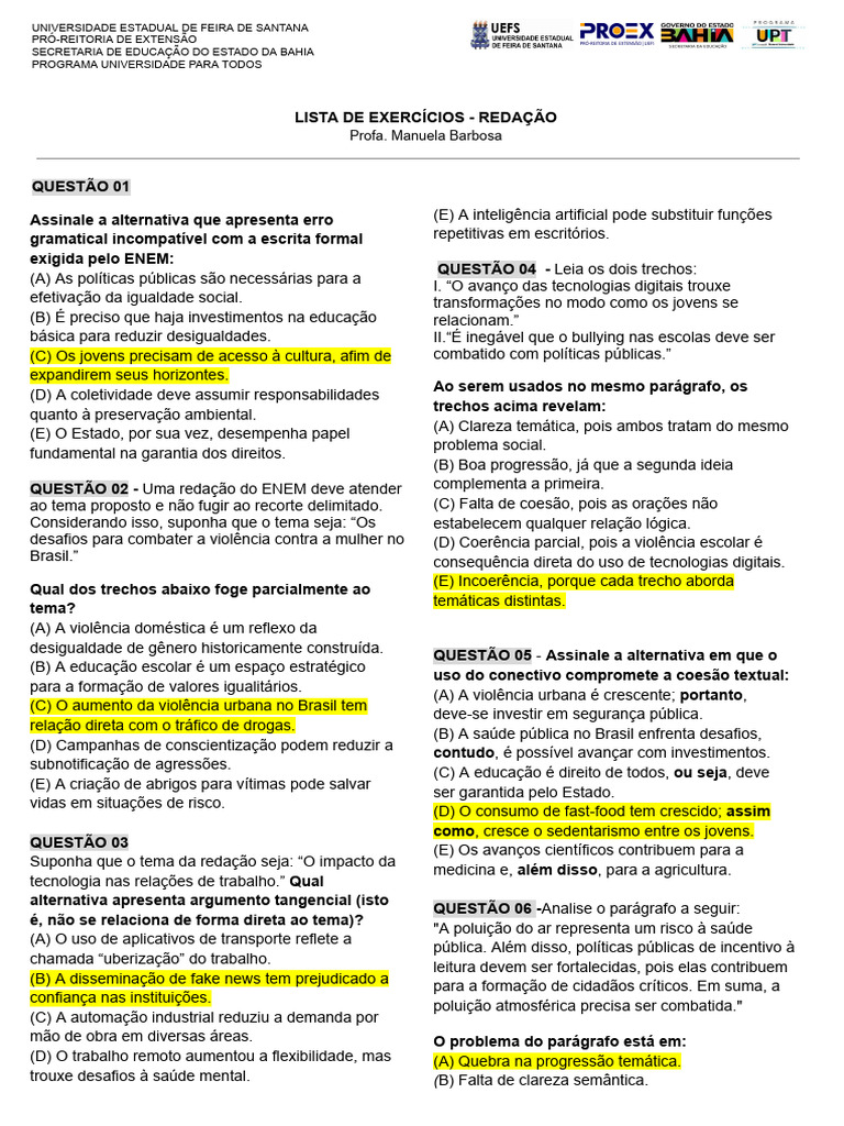Lista de Exercícios de Redação ENEM | PDF | Violência | Brasil