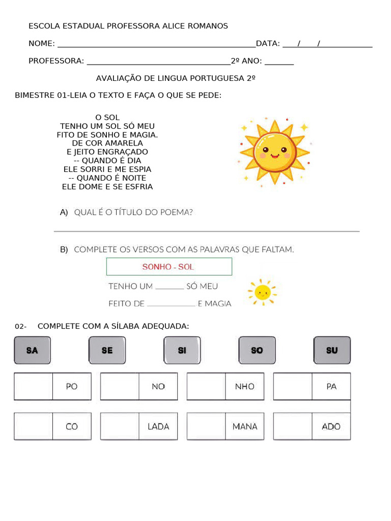 Avaliação de Língua Portuguesa 2º Ano | PDF