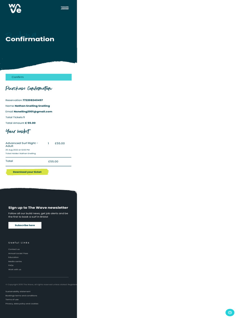Surf Booking Confirmation for Nathan Snelling | PDF