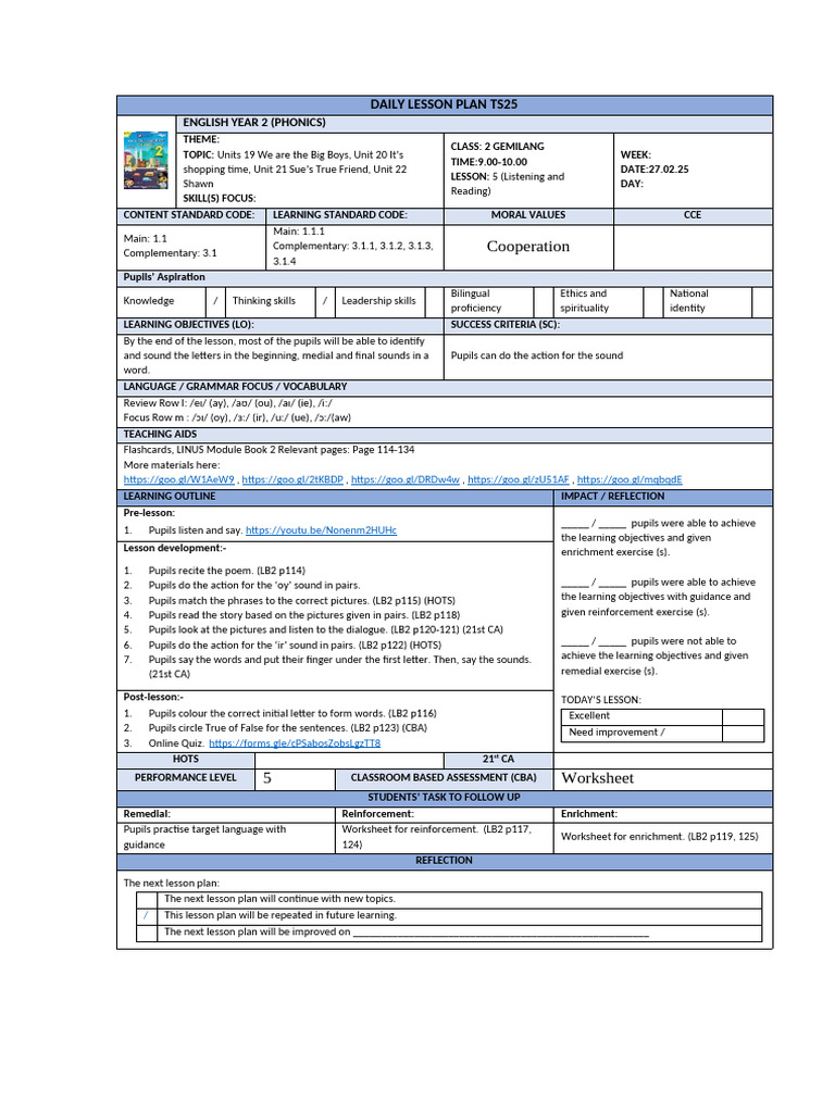 Year 2 Phonics Lesson Plan Guide | PDF | Lesson Plan | Cognitive Science