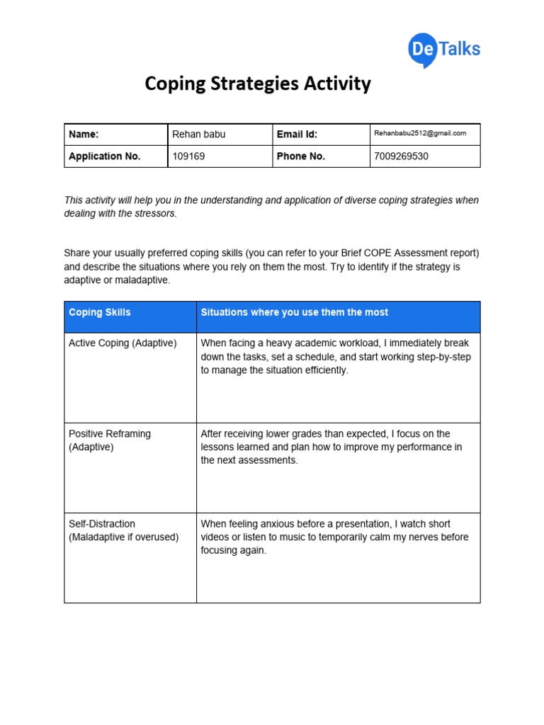 Coping Strategies Activity Completed | PDF