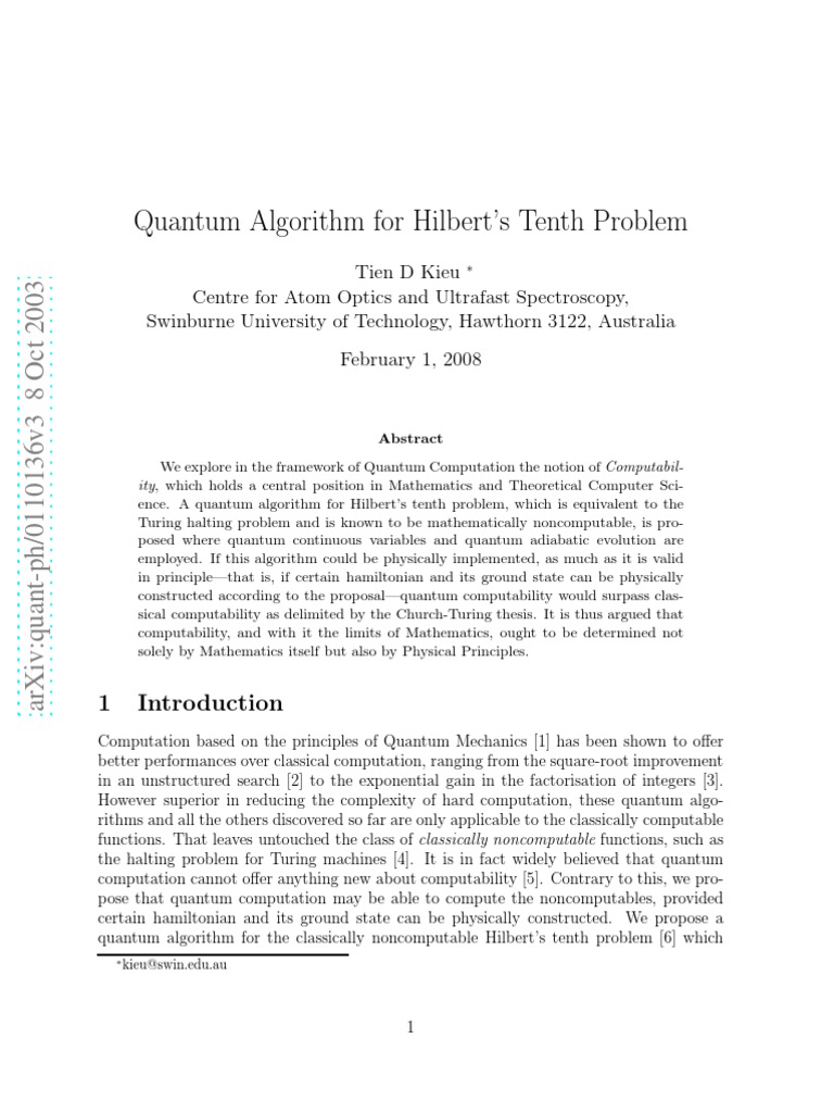 Quantum Algorithm For Hilbert's Tenth Problem PDF Modern Physics