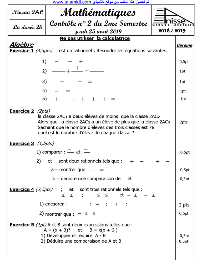Contrôle de mathématiques 2AC Semestre 2 | PDF | Géométrie euclidienne ...
