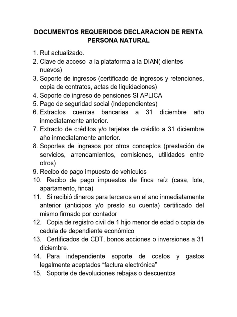 Documentos Requeridos Declaracion de Renta Persona Natural | PDF