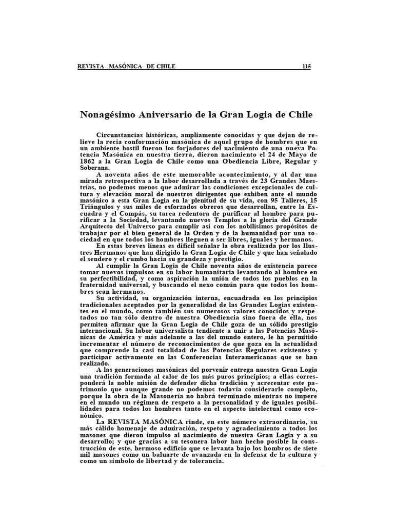 Nonagésimo Aniversario Gran Logia Chile | PDF | Masonería | Chile