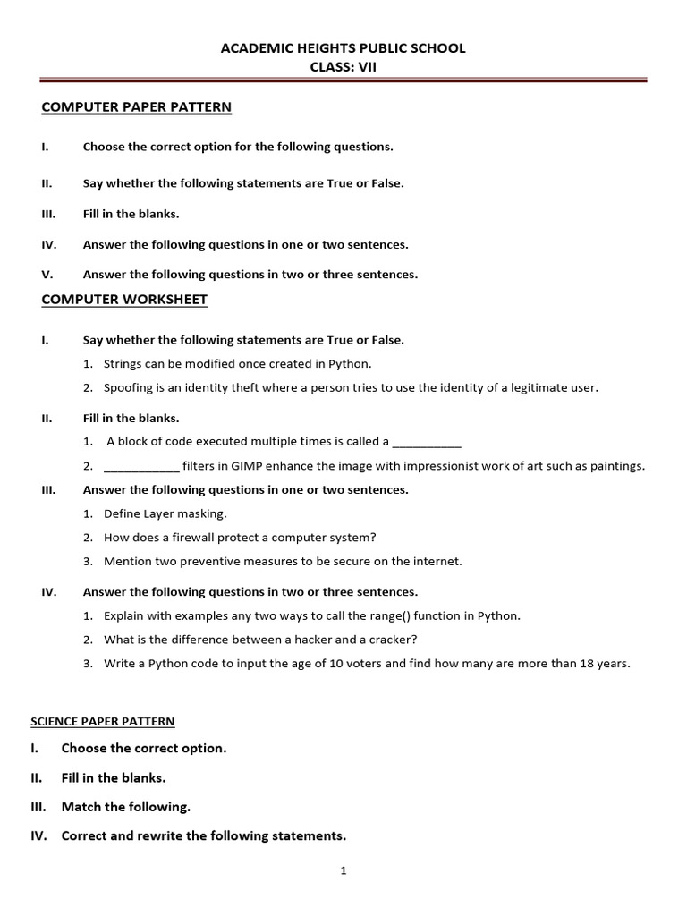 Class VII Exam Paper Patterns and Worksheets | PDF | Security Hacker ...