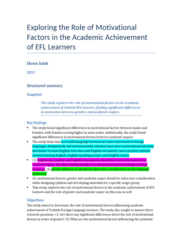 Structured Summary - Exploring The Role of Motivational Factors in The ...