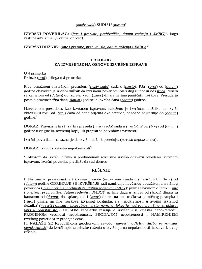 Predlog Za Izvršenje Na Nepokretnosti Na Osnovu Izvršne Isprave | PDF