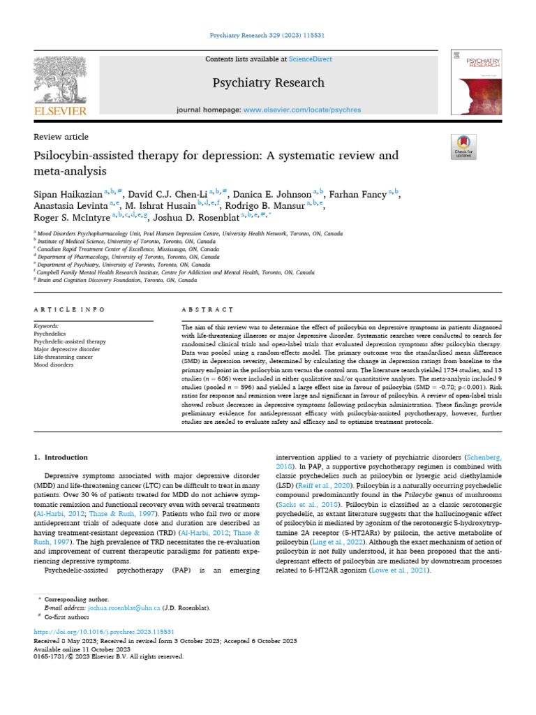 Psilocybin Assisted Therapy For Depression A Systematic Review And