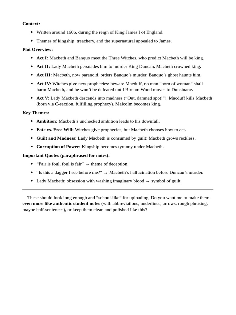 Literature Notes - Shakespeare's Macbeth | PDF