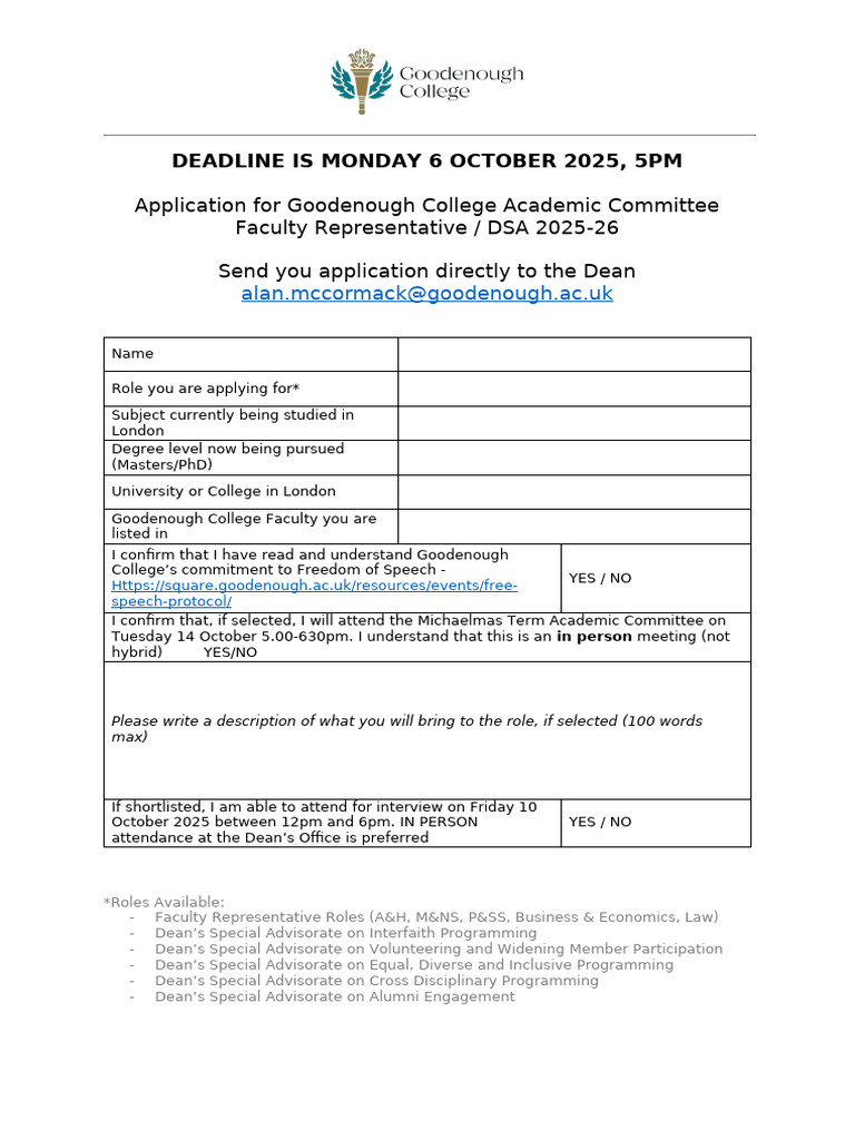 Goodenough College Faculty Rep Application | PDF