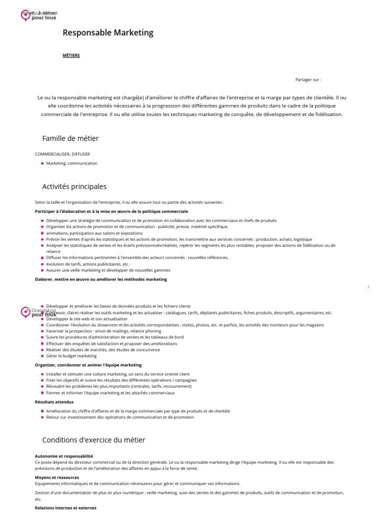 Fiche de poste Responsable Marketing | PDF | Commercialisation | Business