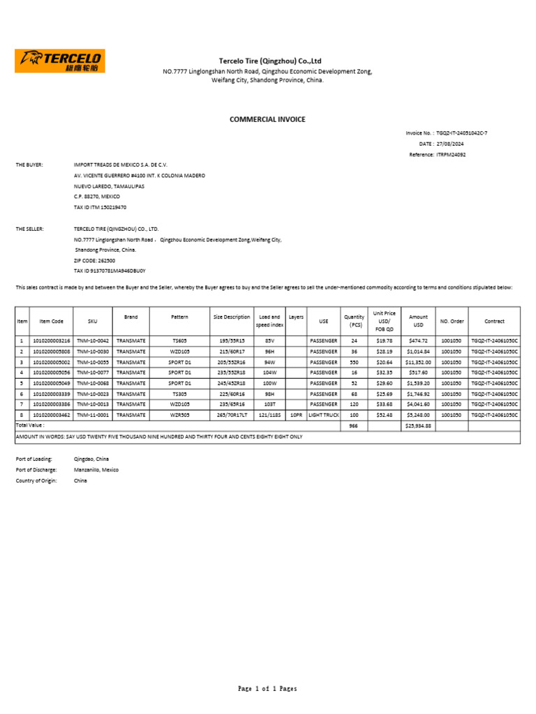 Commercial Invoice for Tire Purchase | PDF | Private Sector | Market ...