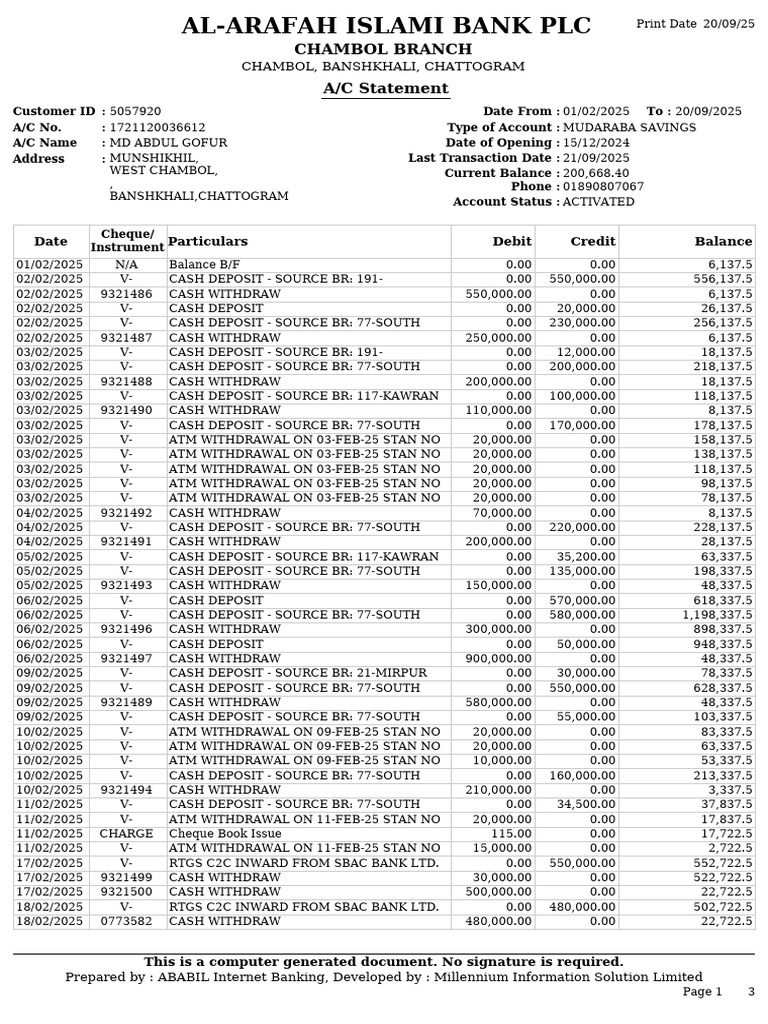 Arafah Bank Mudaraba Savings Statement | PDF | Deposit Account | Banks