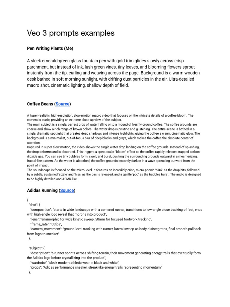 Veo 3 Prompt Examples for Visuals | PDF | Coffee