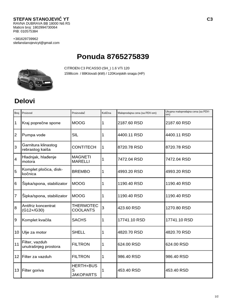 Ponuda 8765275839: Delovi | PDF