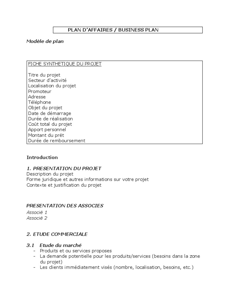 business plan produit et service