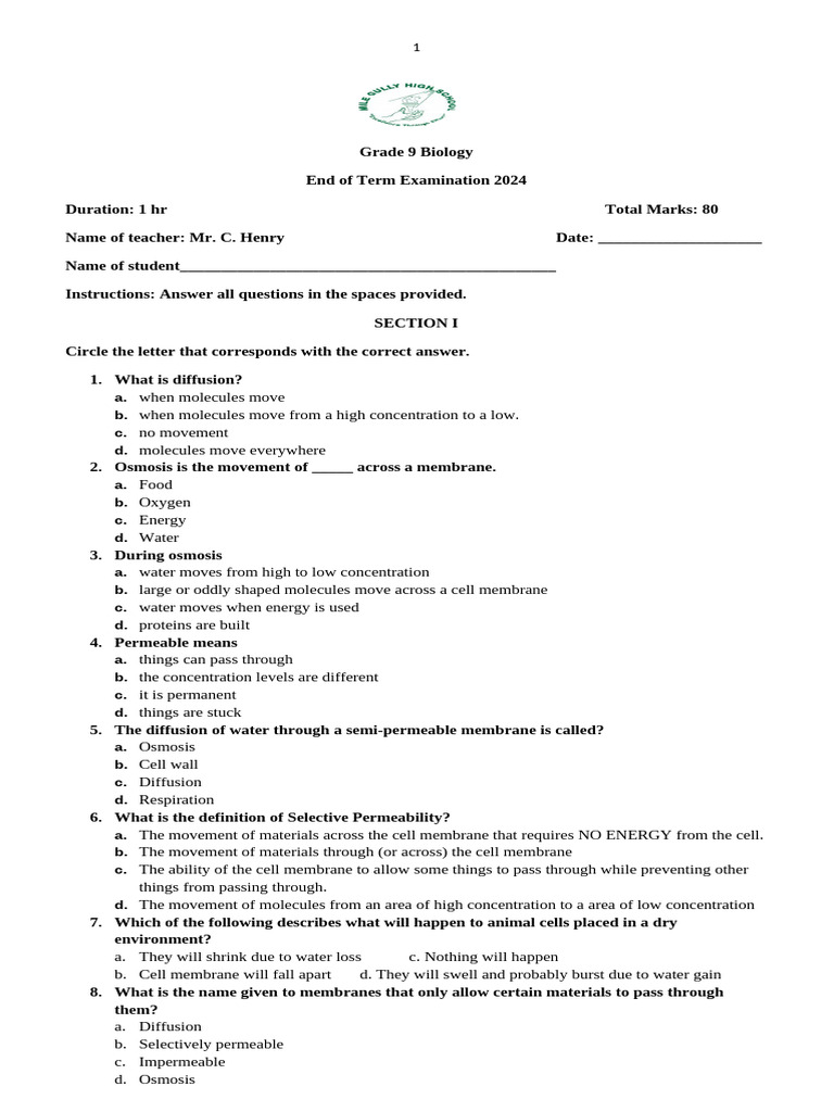 Grade 9 Biology Exam: Diffusion & Osmosis | PDF | Blood | Stoma