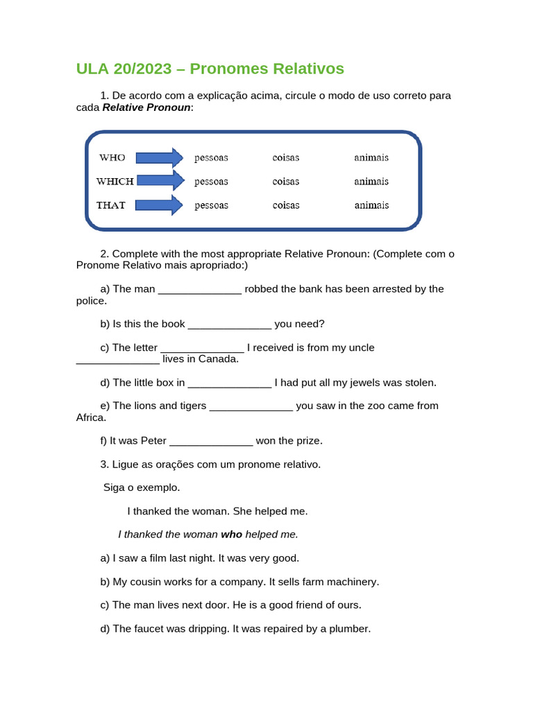 Pronomes Relativos: Exercícios e Frases | PDF
