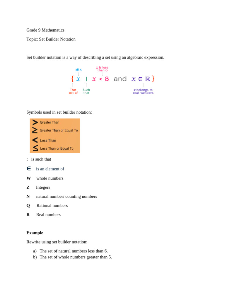 Set Builder Notation for Grade 9 Math | PDF