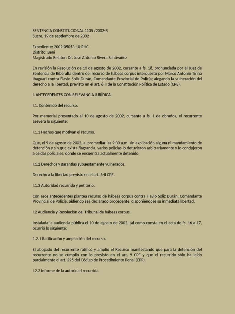 Sentencia Constitucional 1135 - 2002 | PDF | Habeas corpus | Fiscal