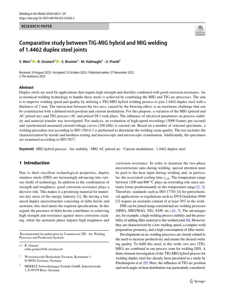 TIG-MIG Hybrid vs. MIG Welding of Duplex Steel | PDF | Welding ...