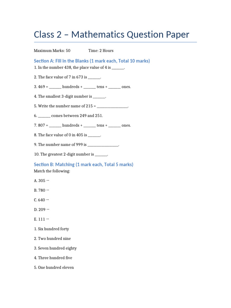Class 2 Mathematics Question Paper | PDF