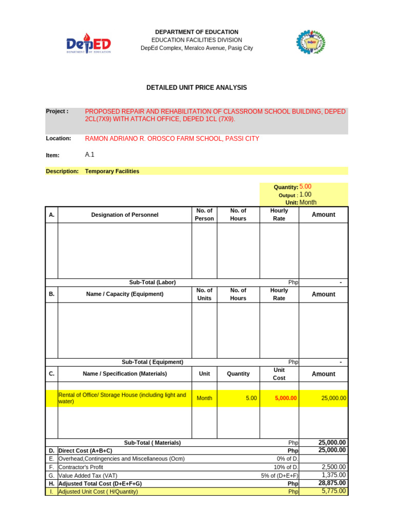 Detailed Unit Price Analysis for DepEd Projects | PDF | Value Added Tax ...