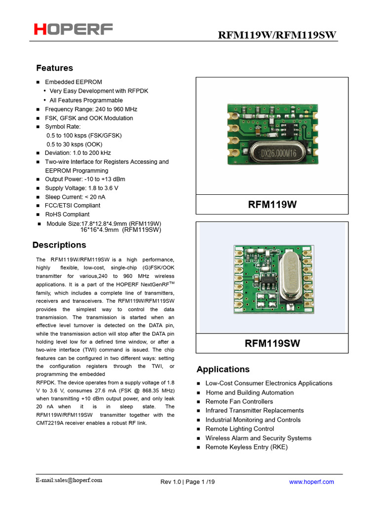 RFM119W - RFM119SW DataSheet 1 | PDF | Hertz | Electronics