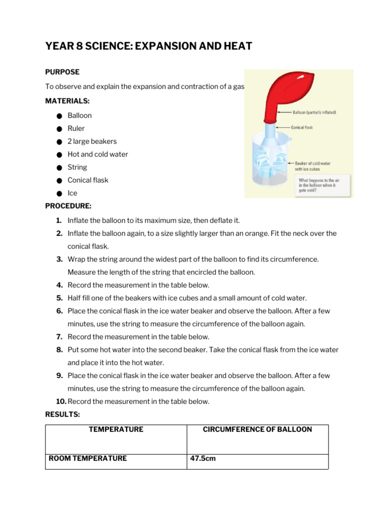 08SCI Expansion and Heat Practical | PDF | Balloon | Water