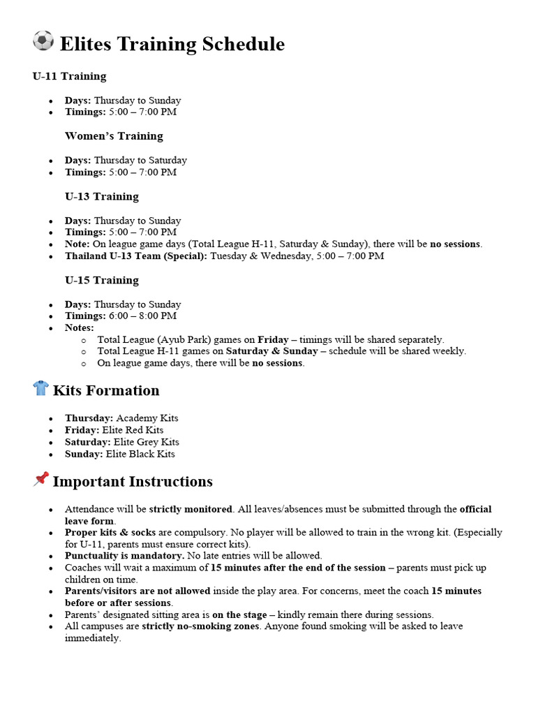 Elites Training Schedule Overview | PDF