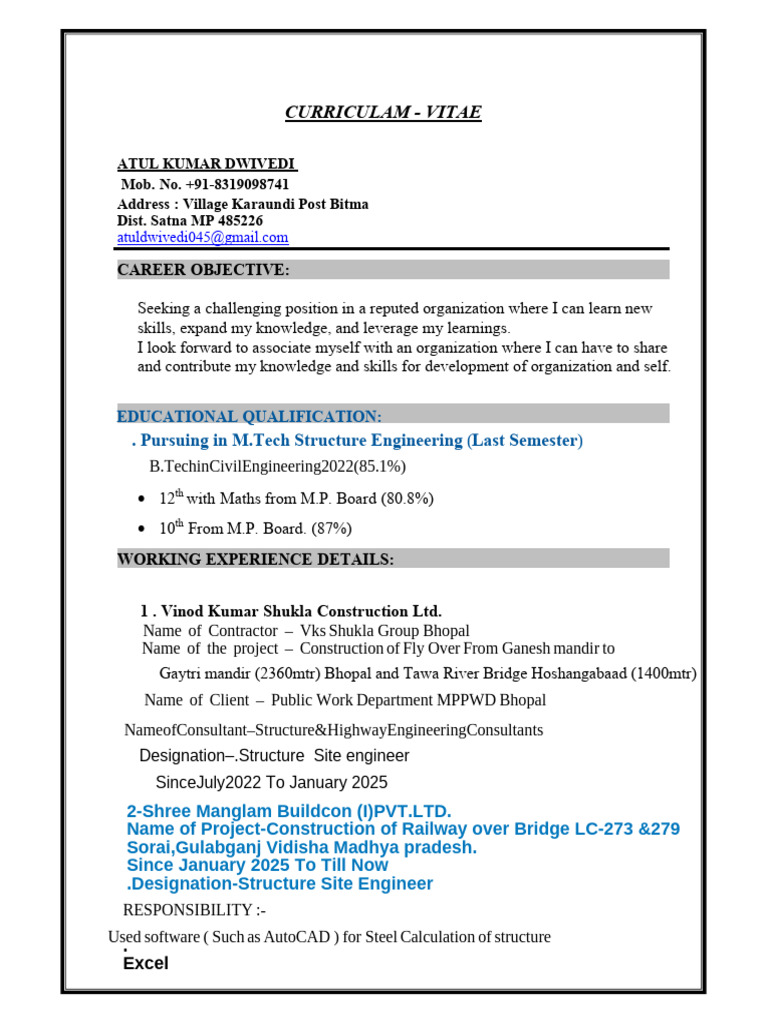 Atul Kumar Dwivedi - Civil Engineer CV | PDF | Engineering