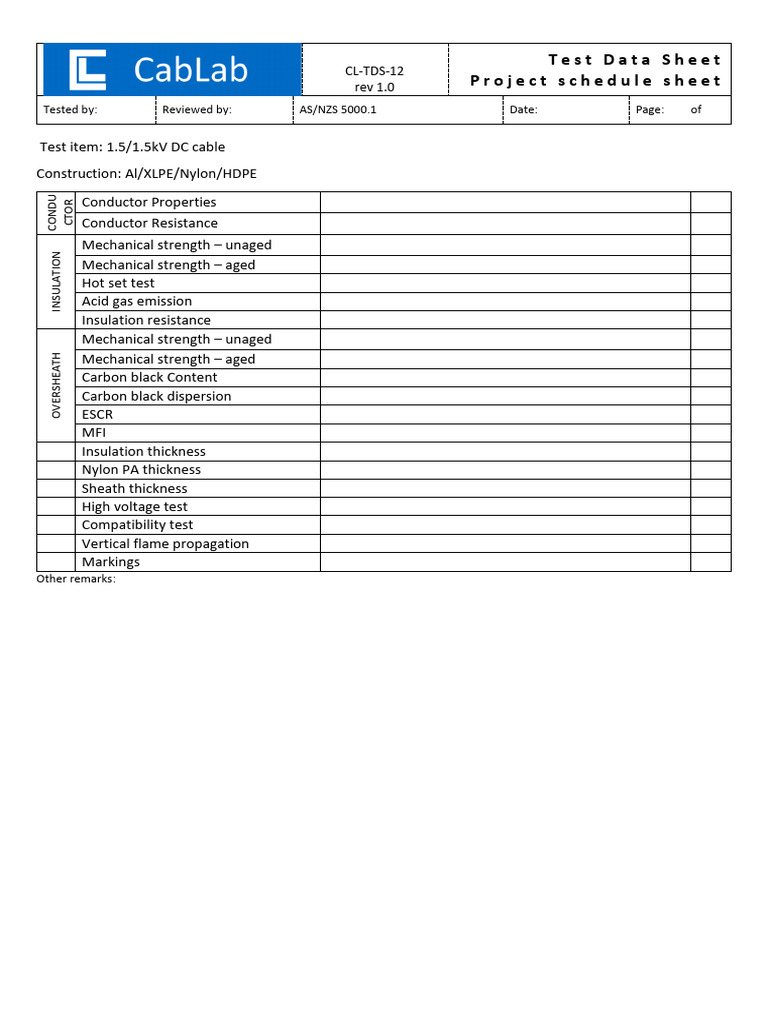 AS/NZS 5000.1 Test Data Sheet | PDF