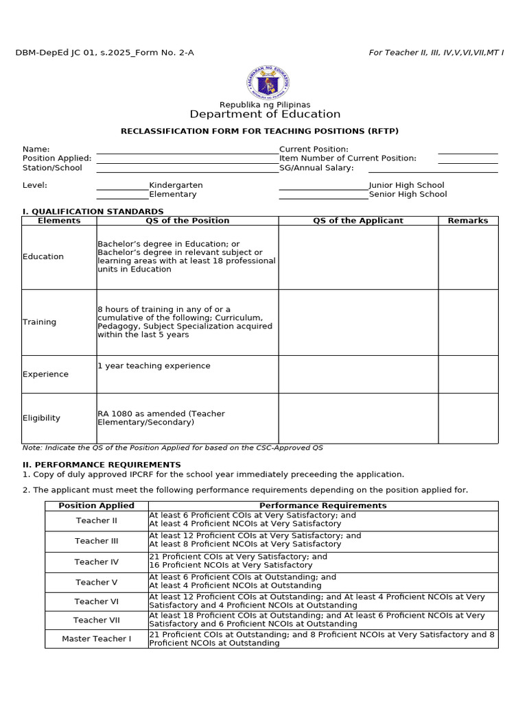 RFTP Form for Teaching Position Reclassification | PDF | Educational ...