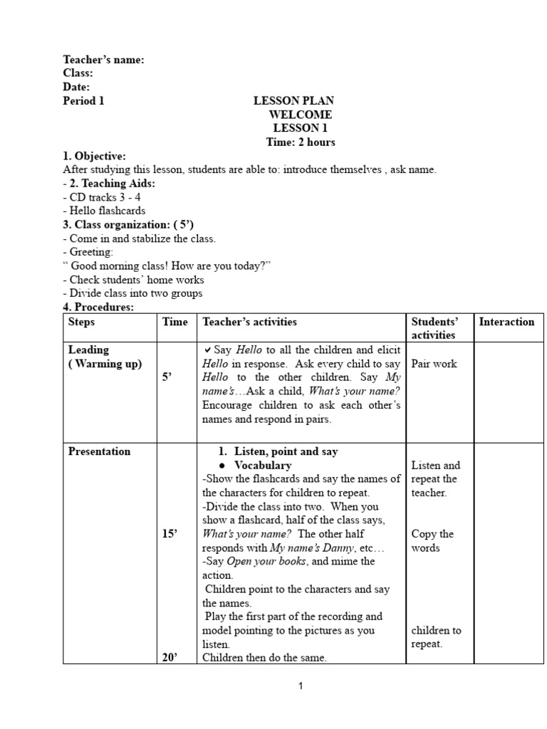 Everybody Up 1 Teacher's Lesson Plan | PDF | Vocabulary | Teachers