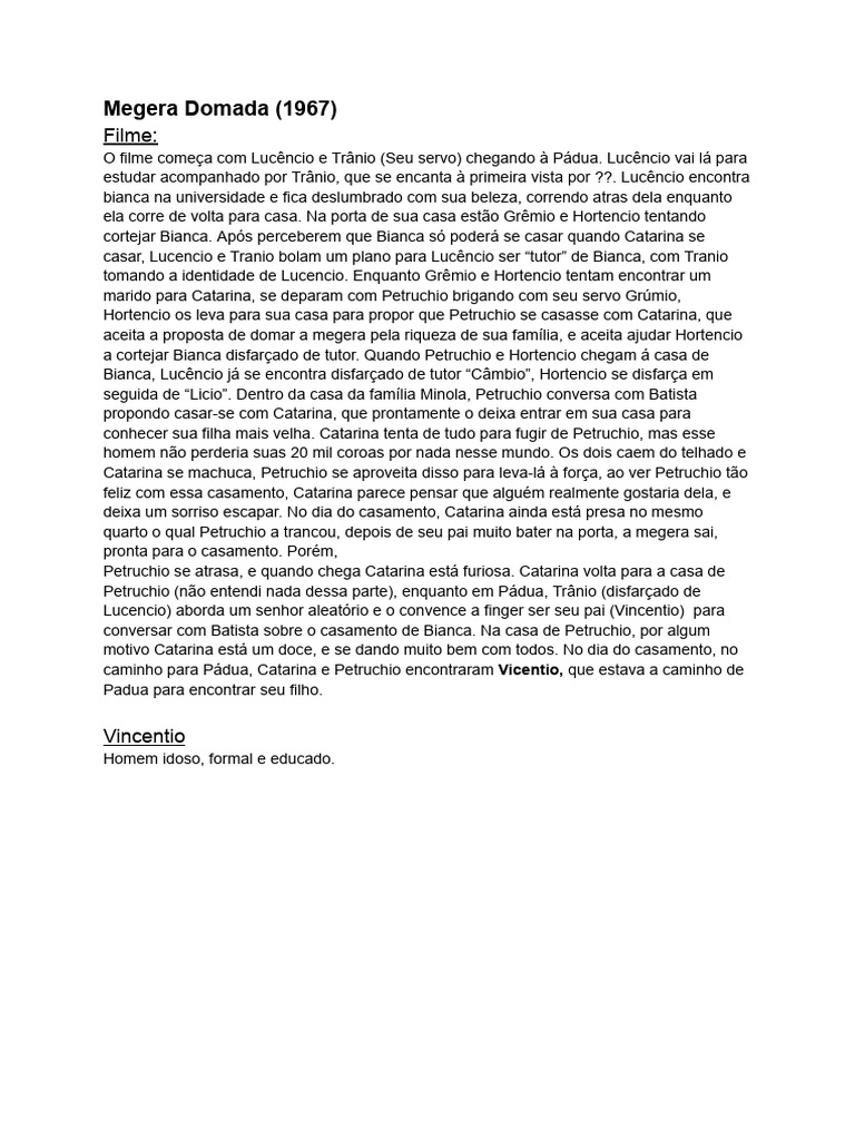 Resumo do Filme Megera Domada (1967) | PDF