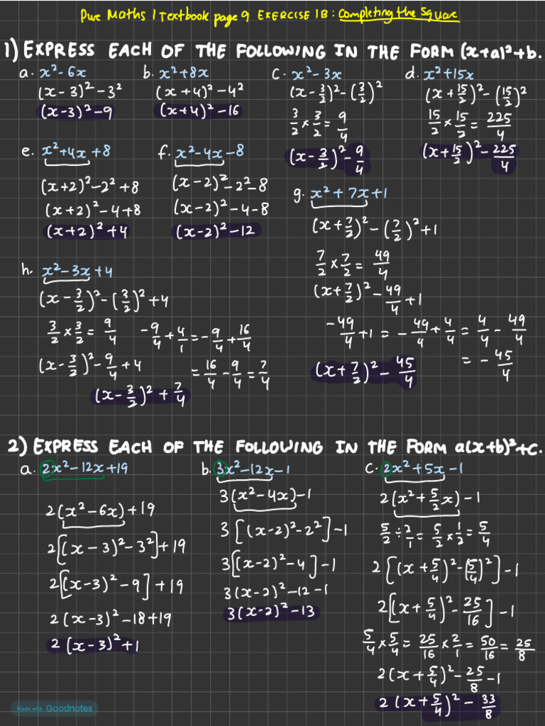 1.1.2 Completing The Square (Textbook Pure Maths 1 Page 9) | PDF