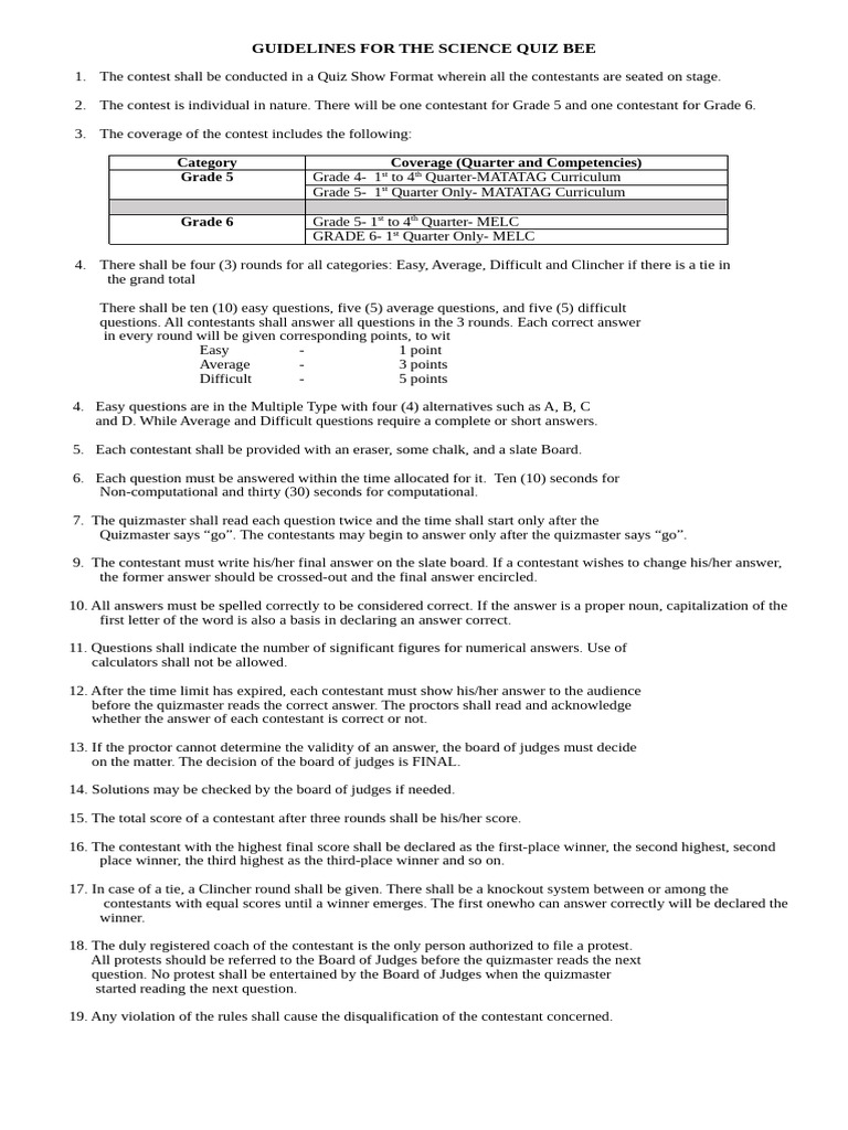 Science Quiz Bee Guidelines | PDF