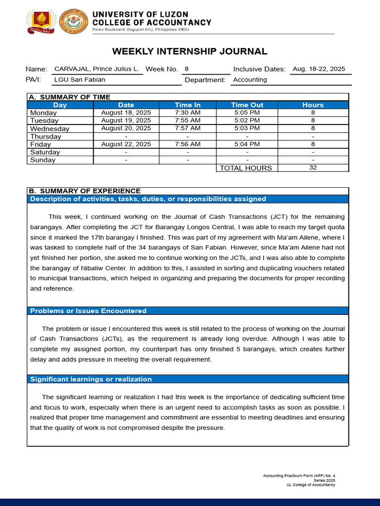 Weekly Internship Journal: Accounting Tasks | PDF