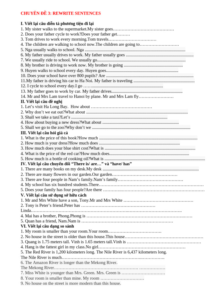 Sentence Rewriting Exercises for ESL | PDF