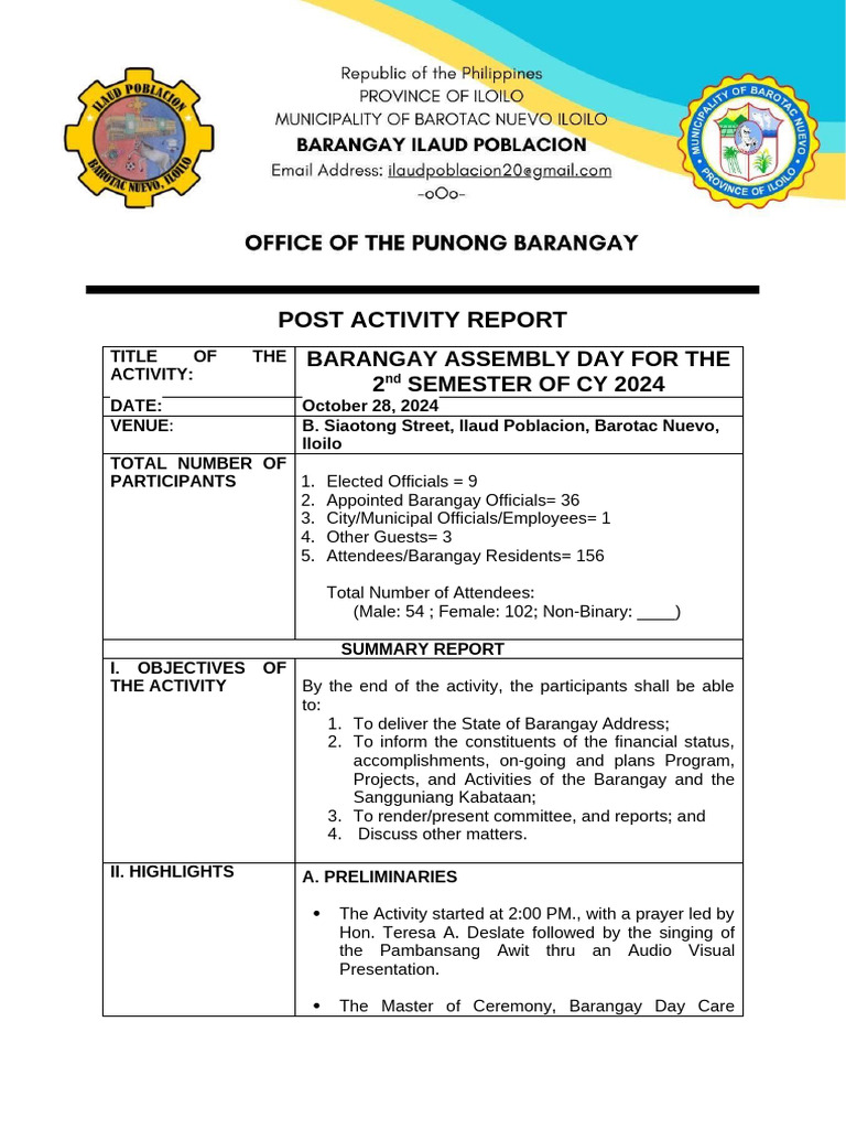 Barangay Assembly Day Report 2024 | PDF