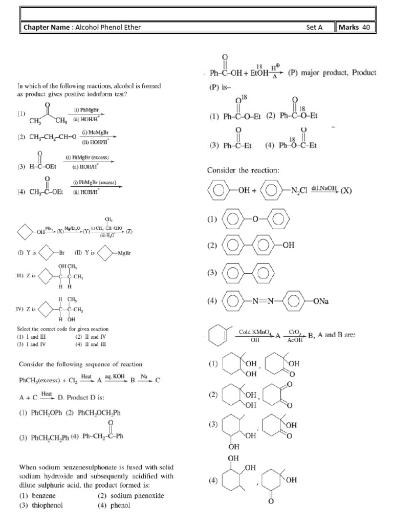 Alcohol Phenol Ether Chemistry Questions | PDF
