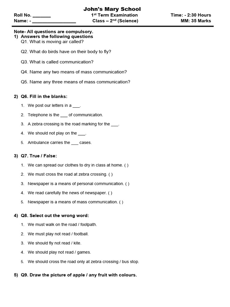 Class 2 Science Exam Paper | PDF