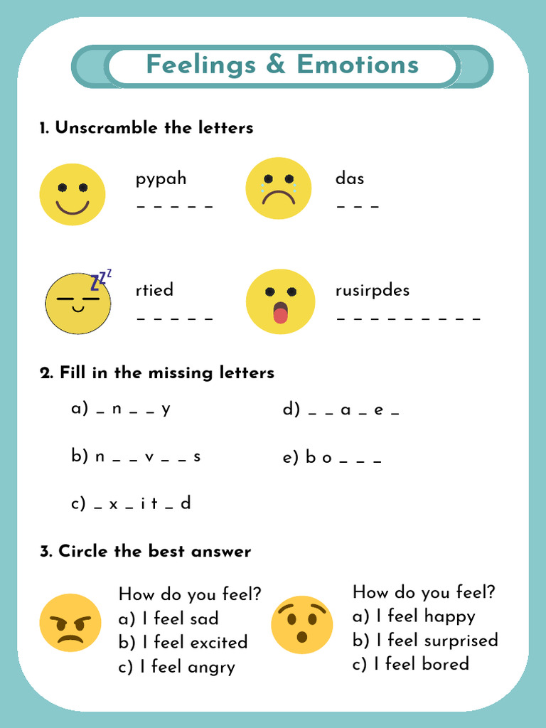 Feelings Worksheet in Turquoise White Cute Style | PDF