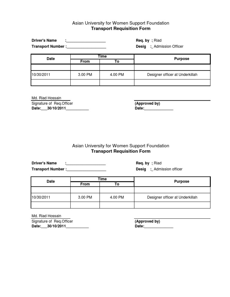 Transport Requisition Form Template | PDF